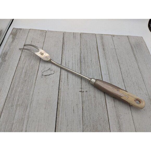 Vintage EKCO Halo Solid Meat Utility Fork Gold Wood Handle 12 3/4" - Picture 4 of 7